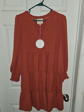 Umgee Rust Tiered Long-Sleeve V-Neck Dress